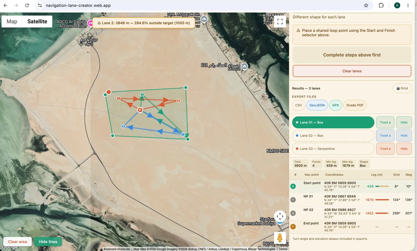 Course Point showing generated navigation lanes on satellite map with route card table